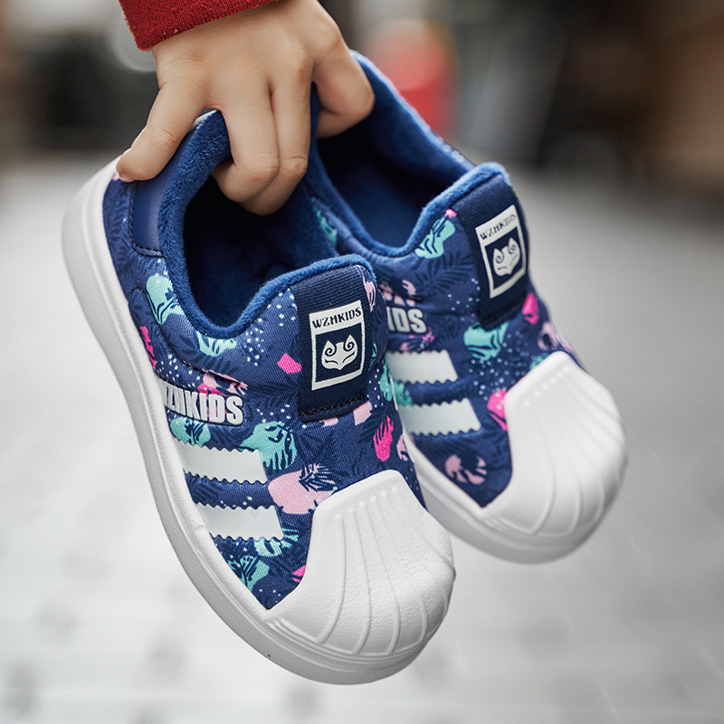 Autumn Winter New Board Plush Men's One Step Push Shell Head Children's and Girls' Baby Cotton Shoes_voghion.com