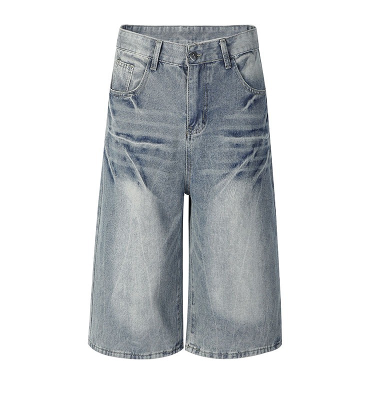 Unisex High-Street Loose Fit Cropped Jeans Lightning Bolt Washed Denim Shorts Blue M-3XL Soft Washed Denim_mkmklike.com