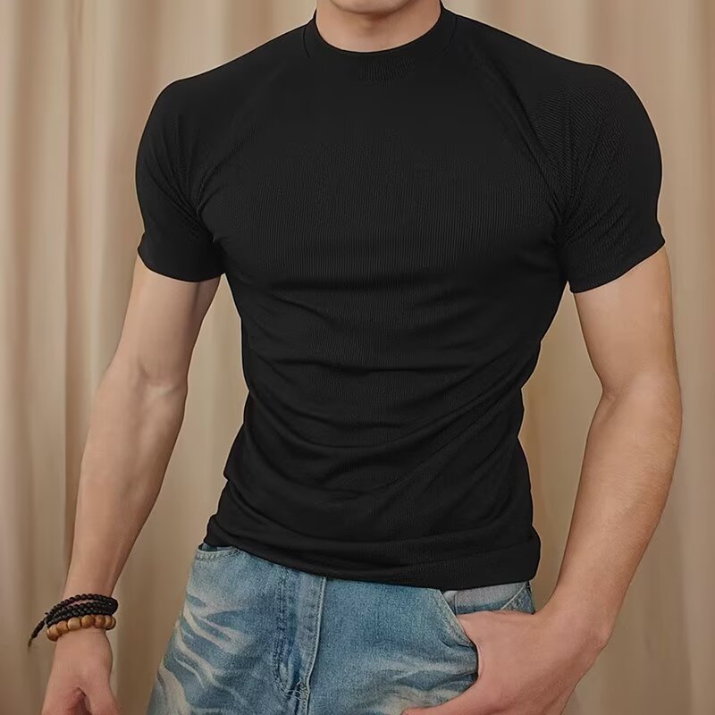 肌肉运动兄弟健身狗束口短袖男透气训练弹显大圆领纯色百搭T恤潮