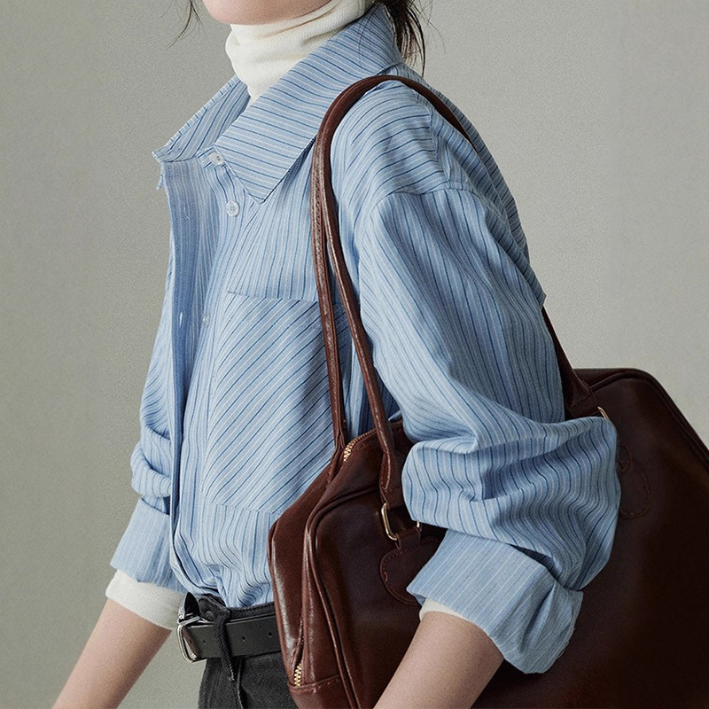 Light Blue Vertical Striped Shirt for Women, High-End, Light Luxury, Daily Outing Tops, Professional Commuting Style Women's Shirts