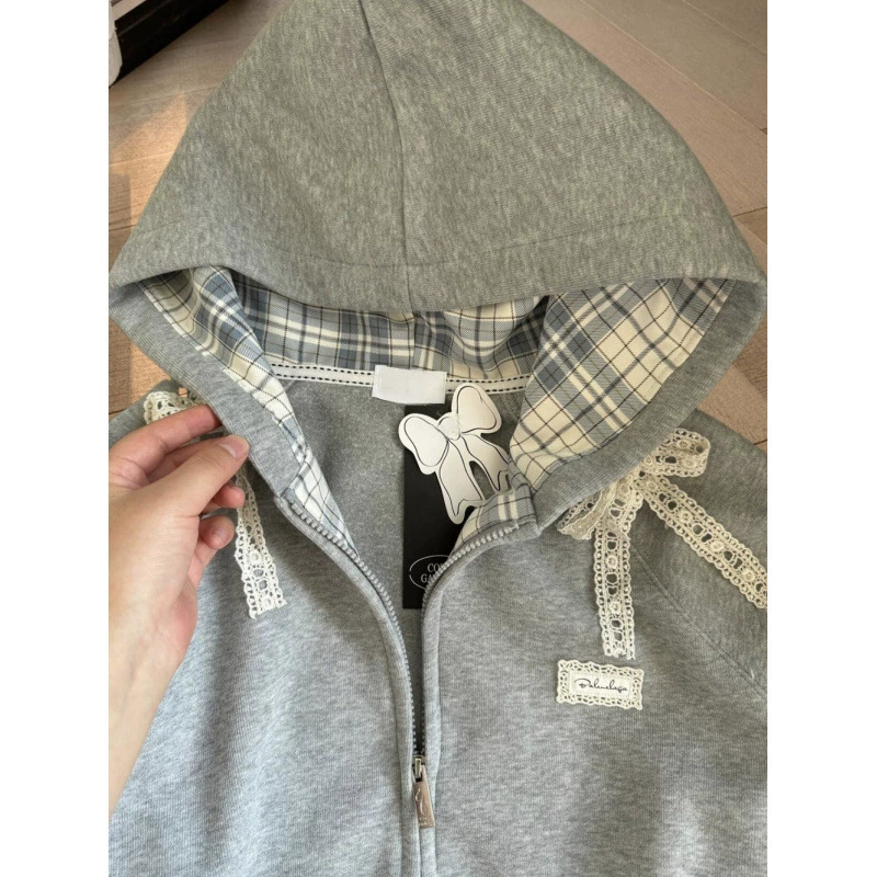 Качественный хлопковый кружевной светшот с бантом, худи, oversize