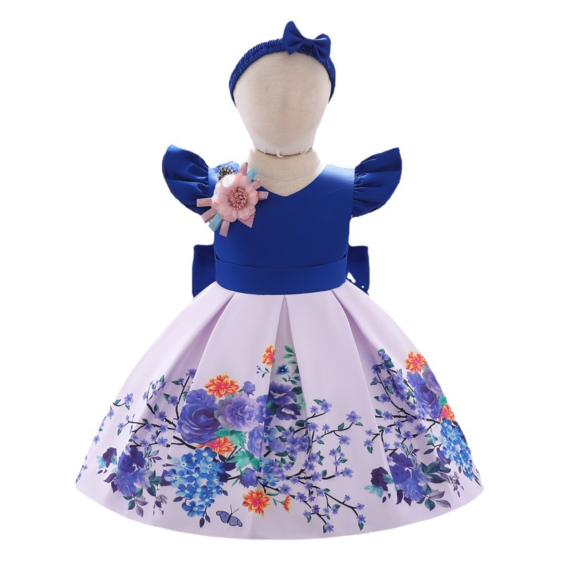 Nuevo vestido de los niños europeos y americanos impreso tela forjada arco bebé niña cumpleaños princesa vestido origen suministro