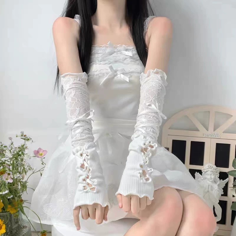 Круже́вные рукавички-муфты, стиль lolita, тонкие летние, защита от солнца, длинные ремешки