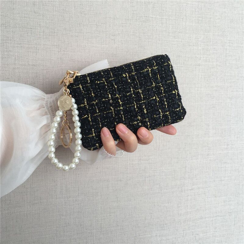 Short Zippered Coin Purse in Tweed Style, Elegant and Sophisticated, Woven Coin Purse