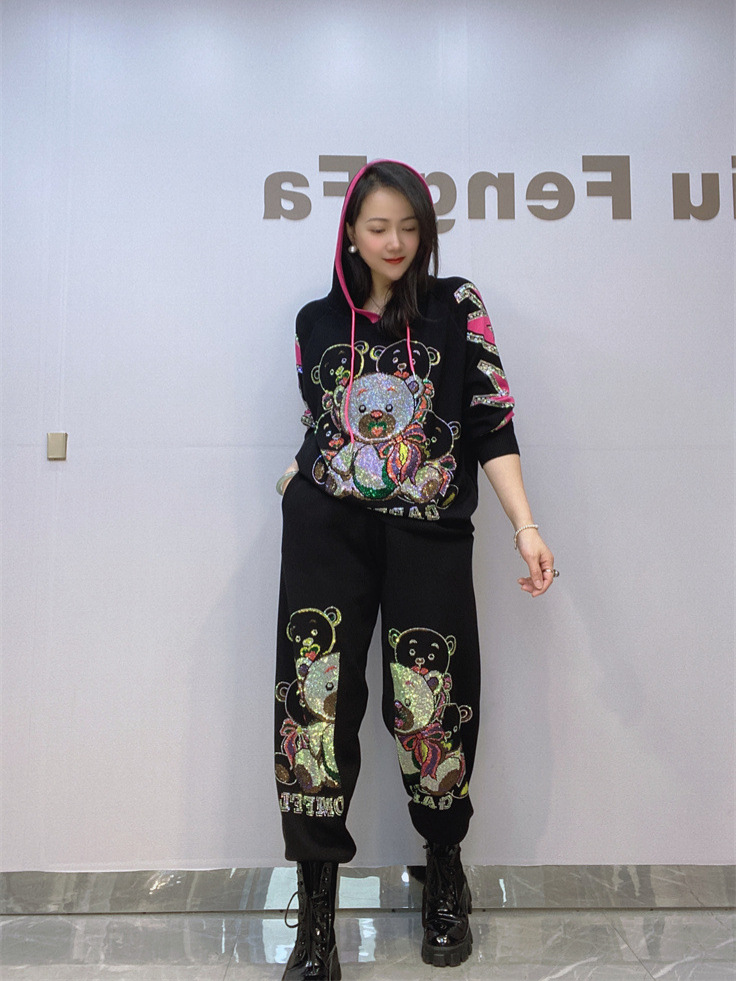 Encapuchado con capucha de punto de manga larga pantalones traje casual de las mujeres primavera y otoño Nuevo más tamaño de las mujeres pesado arte traje de dos piezas