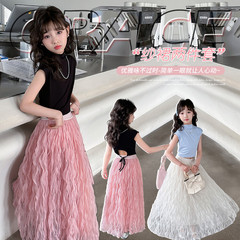 Korean-style girl's short-sleeved T-shirt and skirt set 2024 summer sweet pleated mesh dress two-piece set