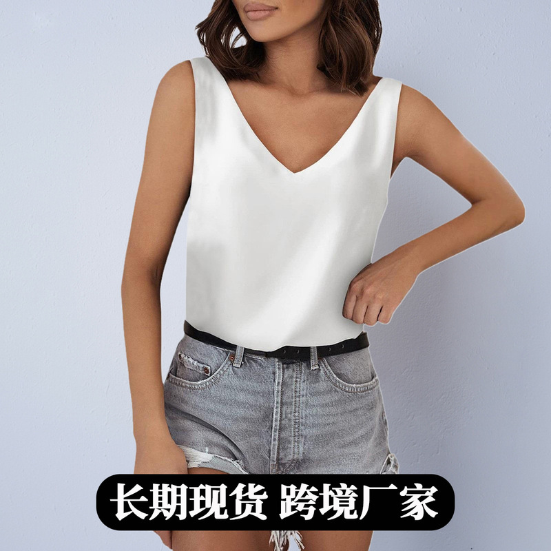 Foreign Trade Women's Clothing Amazon Imitation Silk Vest Suspender Satin Style Pure Color V Neck Casual Sleeveless Basic Top