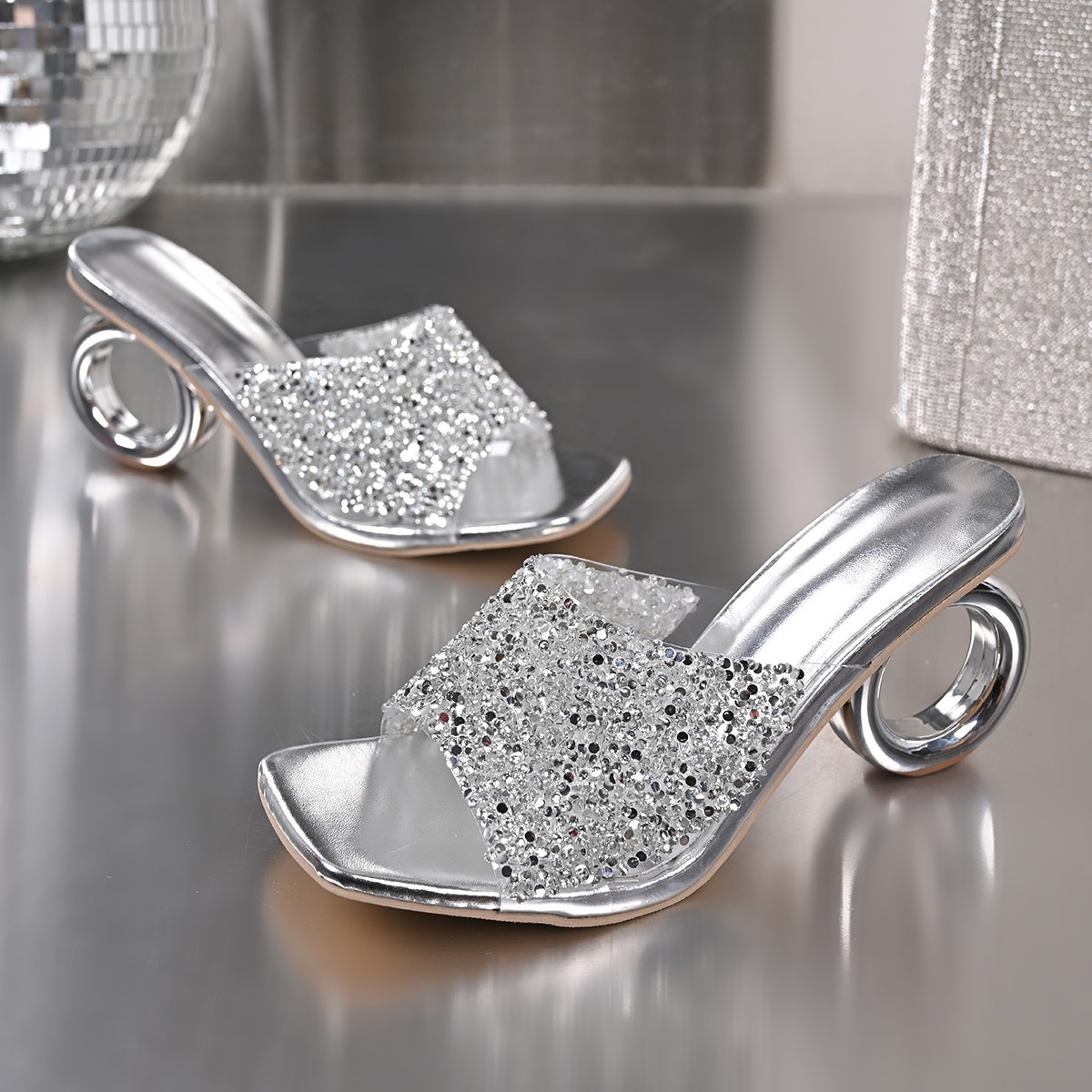 Women's European American Style Sequined High Heeled Sandals Plus Size Square Toe Strappy Sandals Summer New Unique Heel Size 43_voghion.com