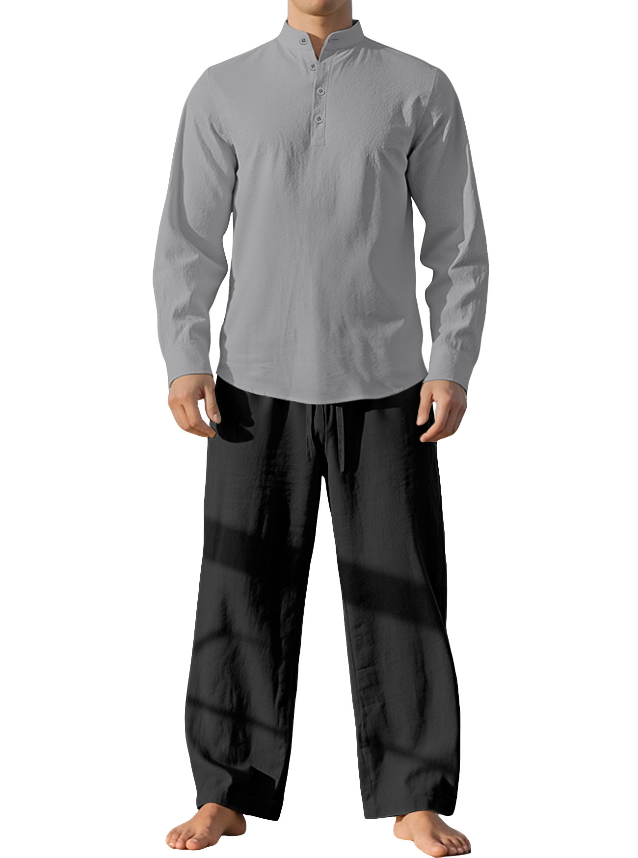 Nuevo transfronterizo Europa y América primavera y otoño delgada camisa de mangas largas deportiva de cuello vertical camisa de color sólido de algodón y lino para hombres