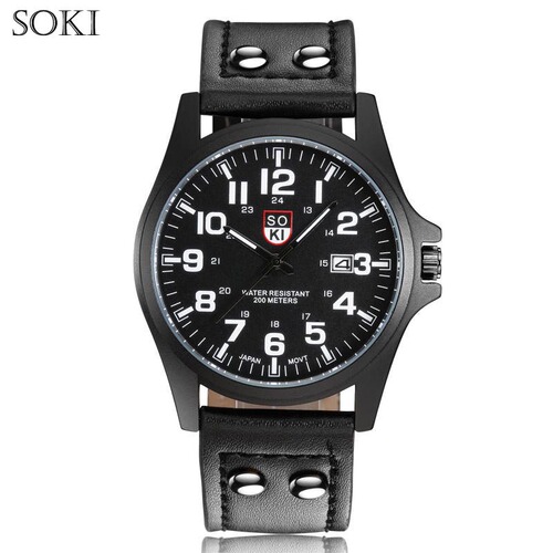New SOKI Casual Quartz Men's Watch with Fashion Leather Strap, Military Style, Student Sports Watch with Calendar