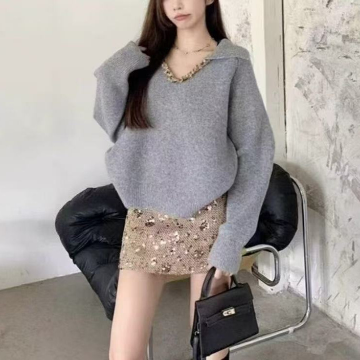 设计感重工编织翻领毛衣女冬季新款复古气质宽松显瘦针织上衣|undefined