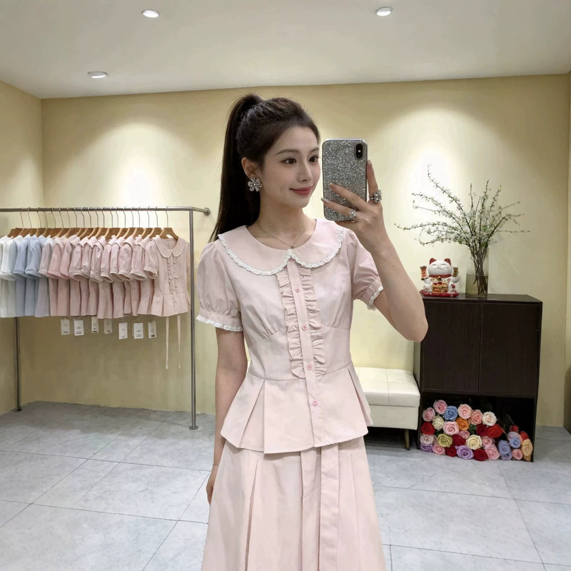 Plus Size 150kg Sweet Lace Patchwork Doll Collar Shirt for Women with a Stylish Design and Waist-Tie Top Plus Size 150kg Sweet Lace Patchwork Doll Collar Shirt for Women with a Stylish Design and Waist-Tie Top