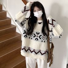 新款温柔复古圆领针织衫长袖秋冬毛衣慵懒加厚设计感宽松针织上衣