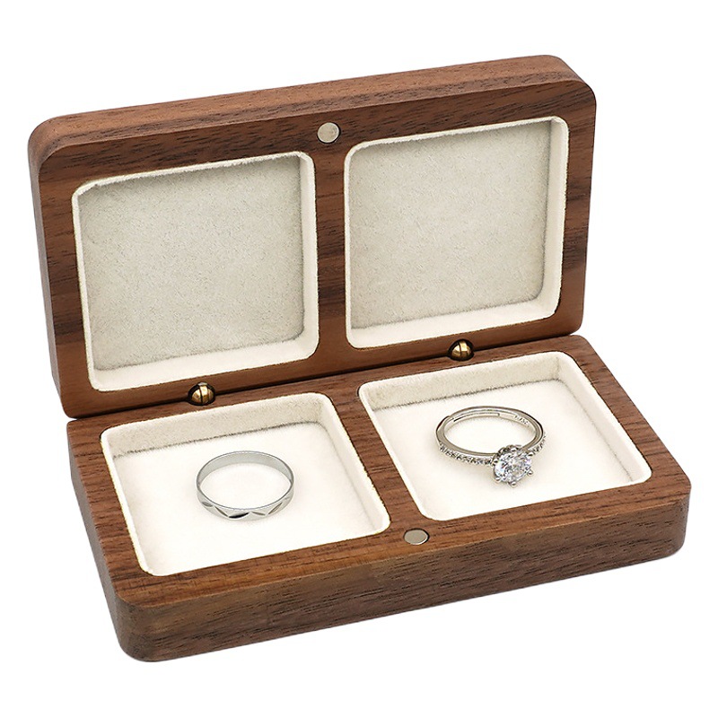 Caja de almacenamiento de pendientes de collar de anillo de madera de nogal negro doble letras cuadradas Borde de madera maciza cubierta caja de joyería portátil de madera maciza