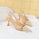 3716-3 High heeled women's shoes with checkered fabric surface, shallow cut, pointed, hollowed out back strap, pearl metal chain, single shoe