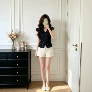 夏季新款韩系女时尚气质超好看百搭V领短袖衬衫显瘦洋气上衣休闲