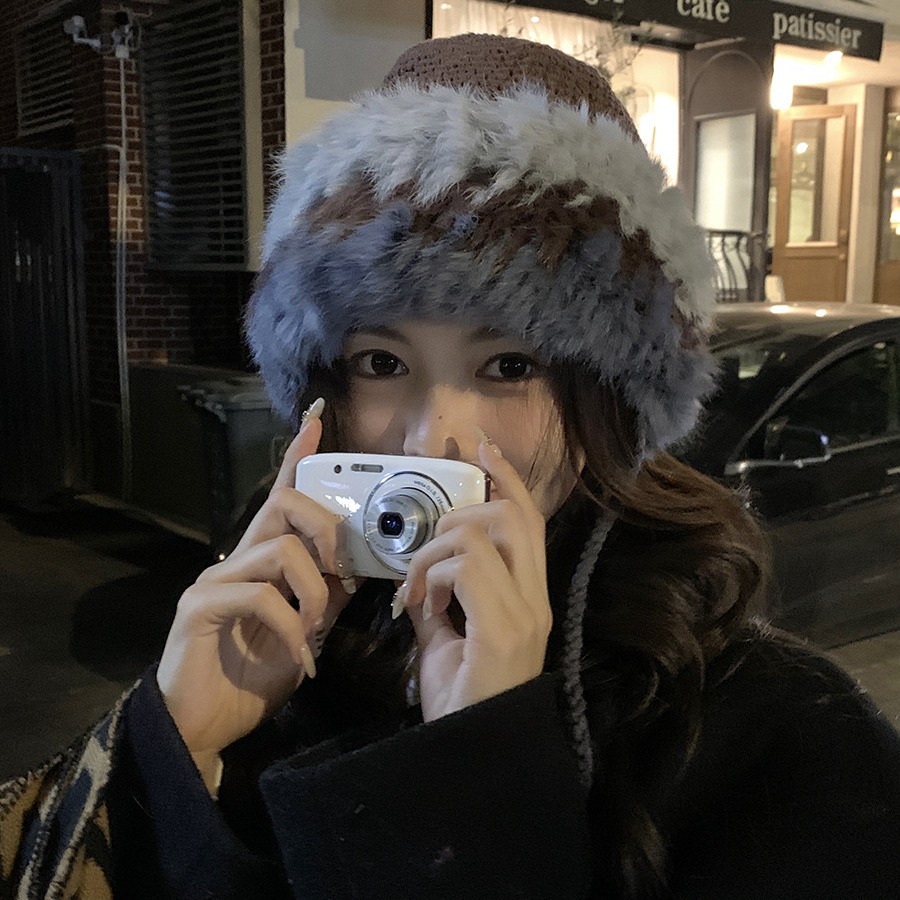 Congee Cocoa Rabbit Hair Knitted Women's Autumn and Winter Splice Warm Wool Cold proof Pullover Plush Ear Protection_voghion.com