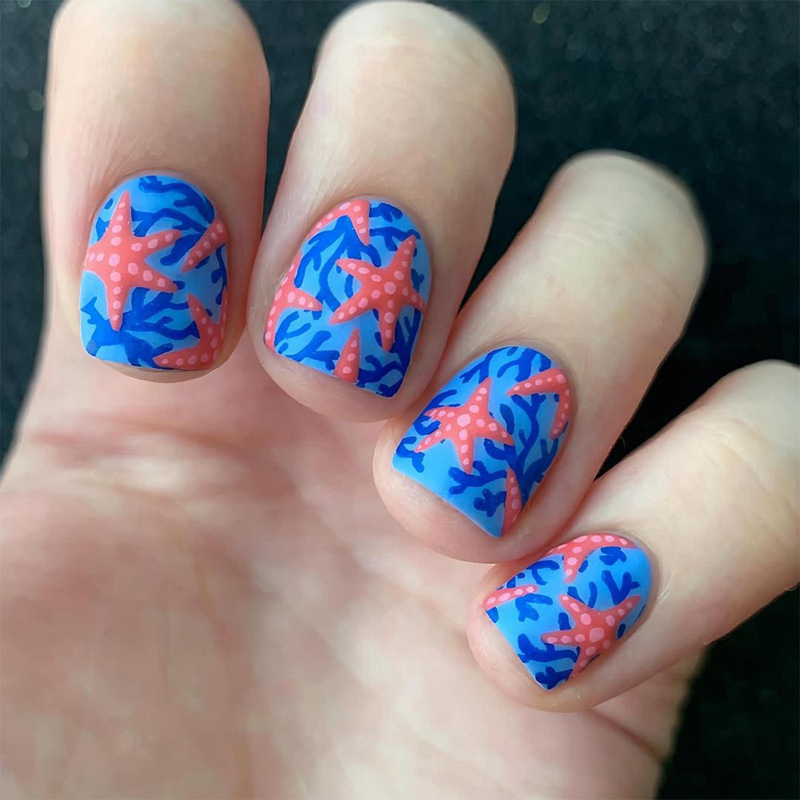 Cross-Border 24-Piece Set of Starfish and Seaweed Summer Vacation Beach Nails with Cool Water Design, Fake Nails with Matte Texture for Wearing