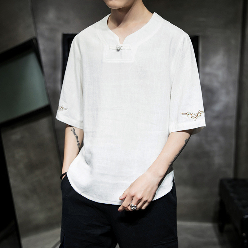 Chinese Style T-shirt Short-sleeved Men's Cotton Linen V-neck Top Linen T-shirt Fashionable Embroidered Large Size Shirt for Summer Chinese Style T-shirt Short-sleeved Men's Cotton Linen V-neck Top Linen T-shirt Fashionable Embroidered Large Size Shirt for Summer