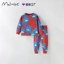 跨境malwee男童家居服秋冬新款欧美中小童圆领T恤松紧腰裤子套装
