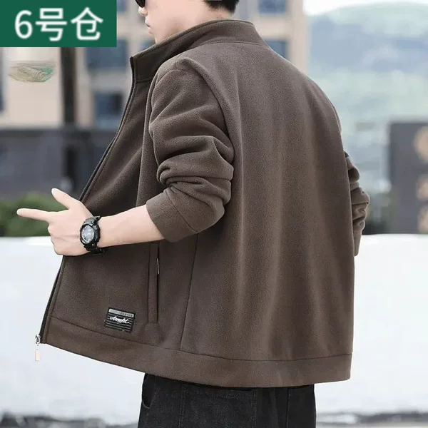 Versatile Outdoor Spring and Autumn Fleece Cardigan with Stand Collar for Men, Large Size, Korean Style, Fleece-Lined, Casual Design