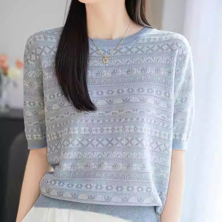 奥特莱斯清仓外单剪标尾货夏季短袖T恤提花针织衫女显瘦减龄小衫