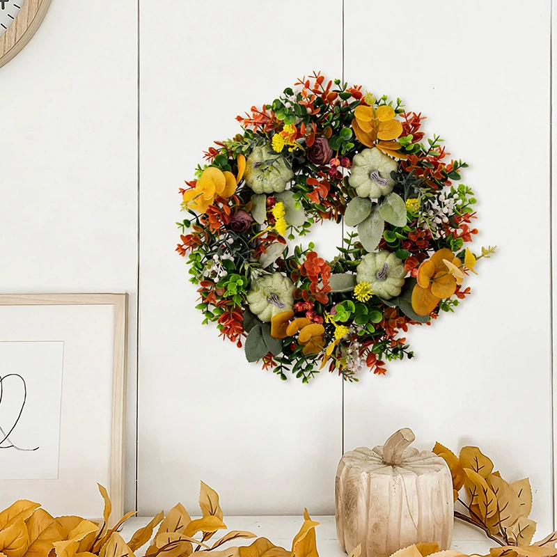 Хозяйственная/imported? Actually translate: Haube cross-border new Thanksgiving decoration supplies harvest season green pumpkin wreath eucalyptus front door decoration
