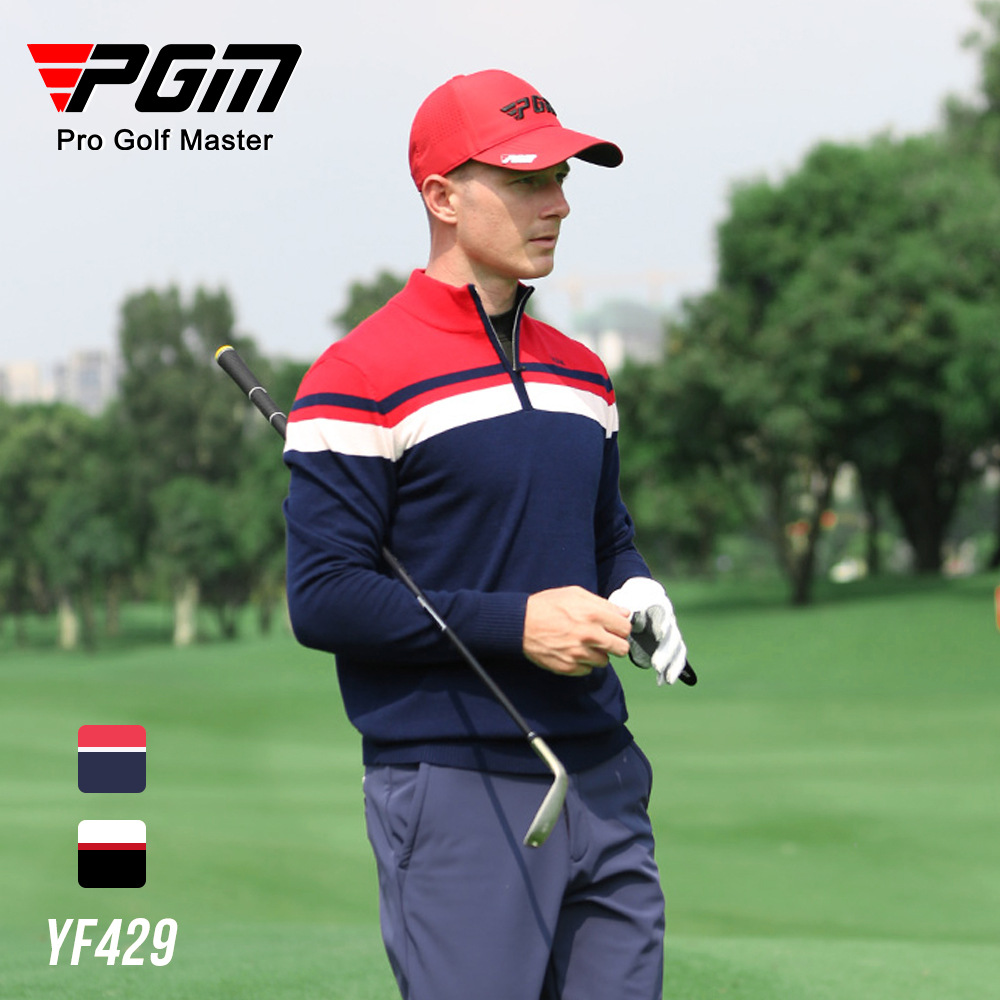 Áo len golf nam dài tay cổ đứng PGM phối màu giữ ấm — YF429-màu xanh hải quân, YF429-Màu đen