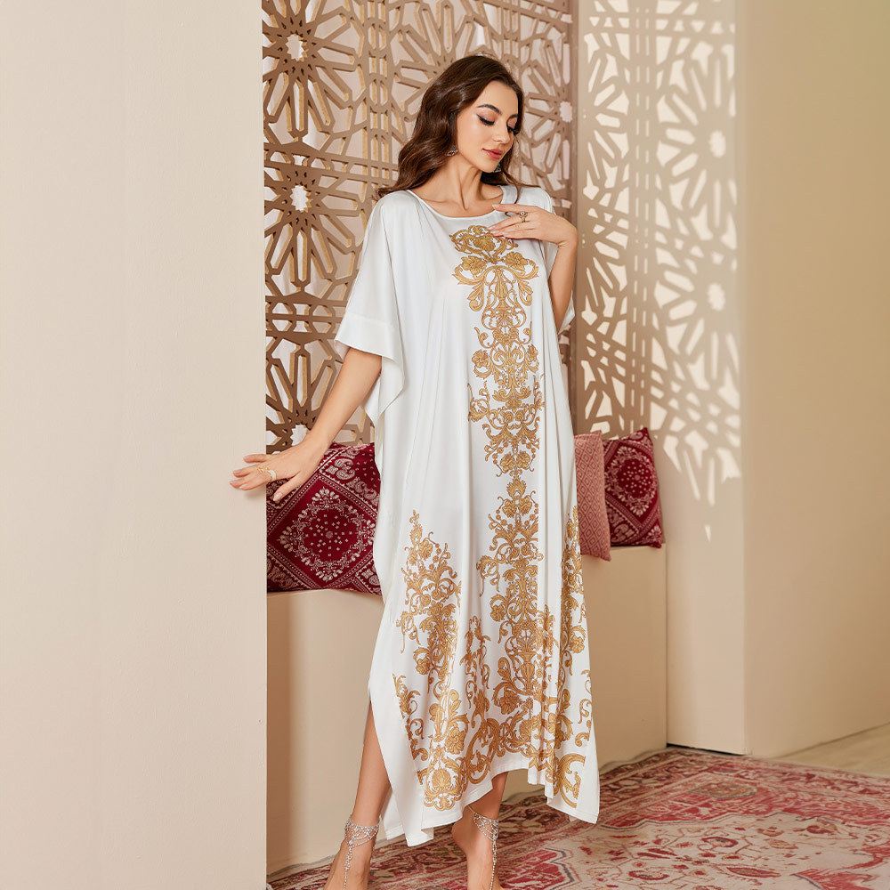 Nuevo satén transfronterizo pijama de moda de mujer estilo de Oriente Medio suelto gorgeoso impresión blusa túnica DP3428