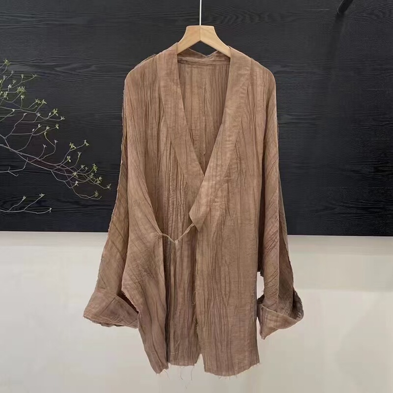 2026 Spring New Hanfu Zen Style Diagonal Collar Tie-String Cardigan with Frayed Edges and Tie-Dye Texture Women's Lazy Style Jacket 2026 Spring New Hanfu Zen Style Diagonal Collar Tie-String Cardigan with Frayed Edges and Tie-Dye Texture Women's Lazy Style Jacket