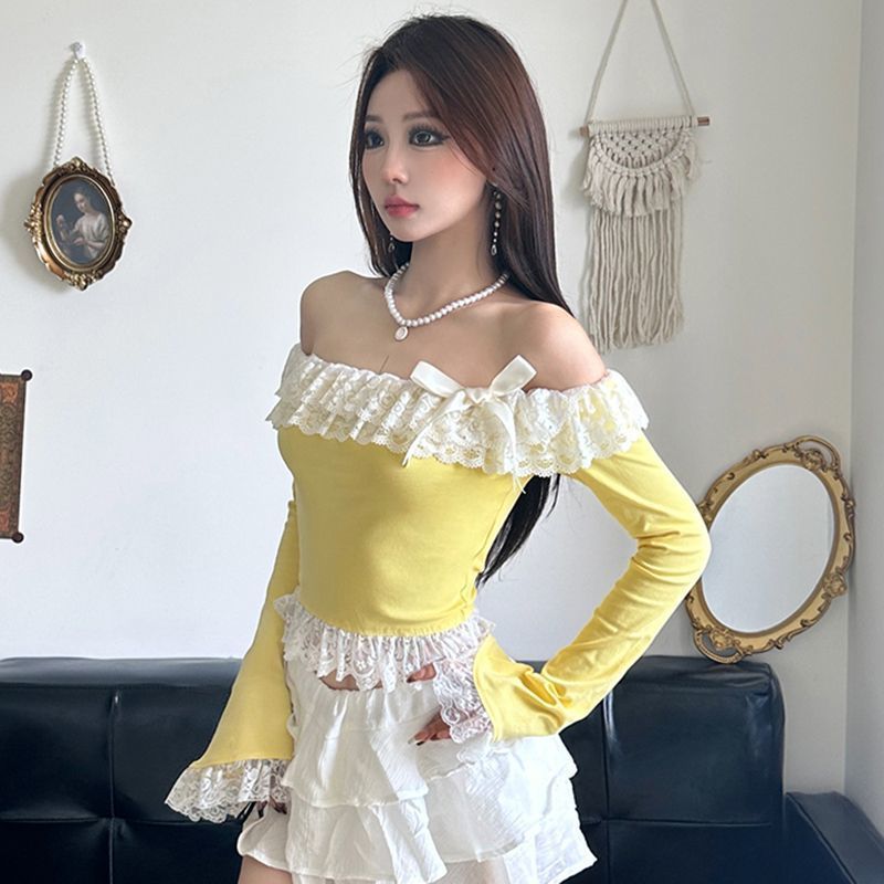 2025秋新款甜美少女蕾絲拼接蝴蝶結長袖T恤女修身百搭一字肩上衣