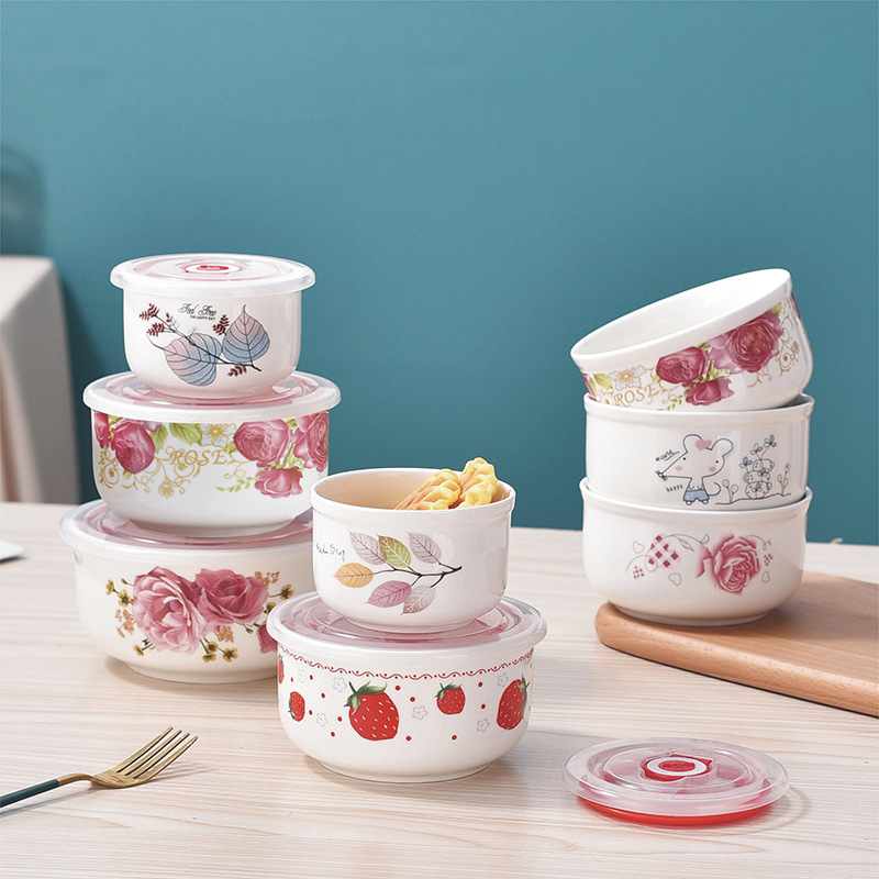 [Una variedad de opciones] Tazón de cerámica para conservación fresca, caja de almacenamiento del refrigerador, horno de microondas, tazón de fideos instantáneos con tapa, lonchera de trabajo sellada