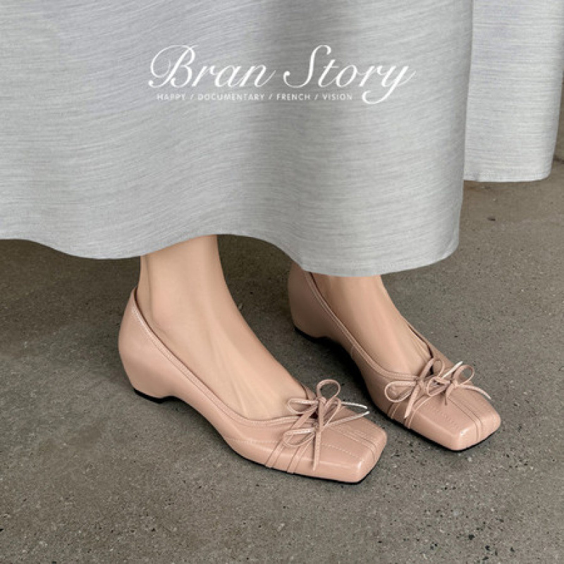 Retro-style bow-tie square-toed ballet shoes for women, with internal height increase, low-cut slip-on shoes, Mary Jane shoes for petite individuals