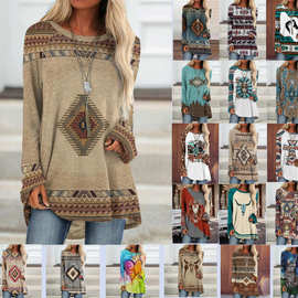 2022外贸跨境女装 时尚宽松圆领 数码印花西部风格长袖上衣2005