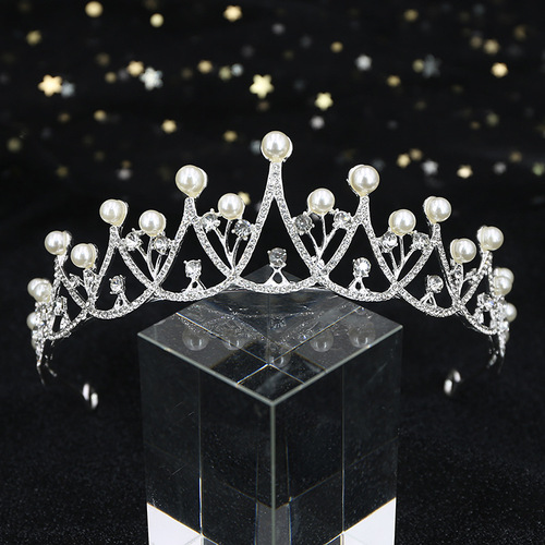 Children's Korean simple diamond-encrusted pearl bridal crown tiara wedding dress accessories princess birthday party dress accessories
