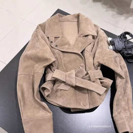 美拉德复古感翻领麂皮绒短外套女秋季小众收腰机车夹克