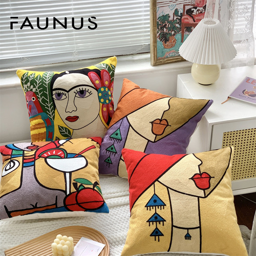 Popular cross-border abstract art oil painting face embroidery cross stitch cushion living room exhibition hall woolen embroidery pillow