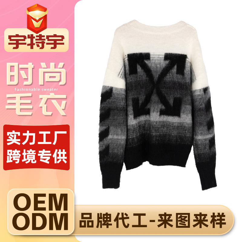 Dalong Knitted Sweater Long Coat Custom Loose Sweater Ow Arrow Gradient Mohair Jacquard Knitwear Dalong Knitted Sweater Long Coat Custom Loose Sweater Ow Arrow Gradient Mohair Jacquard Knitwear