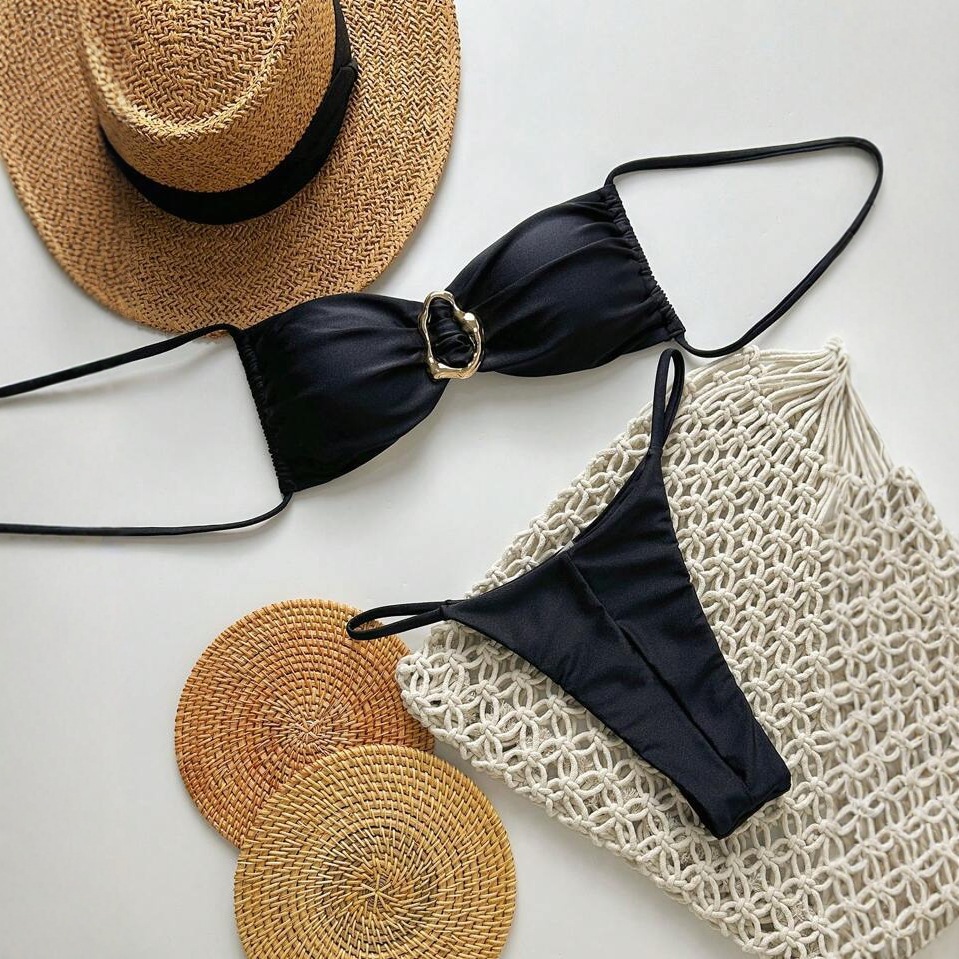 2025 Traje de baño europeo y americano transfronterizo dividido color sólido y doble tela brillante sexy bikini comercio exterior