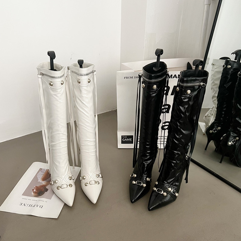 【Tax Not Included】Pointed Toe Long Boots for Women 2023 Autumn and Winter New Style High-Heeled Studded Motorcycle Boots with Side Zipper Long Shaft