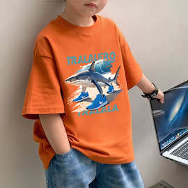 2025夏季纯棉新款鲨鱼鞋子印花T恤短袖男女童中大童百搭宽松上衣