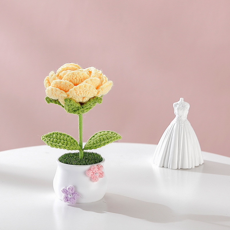 Terminado pequeña olla tejida a mano girasol lirio escritorio coche pequeña decoración regalo de cumpleaños regalo de graduación