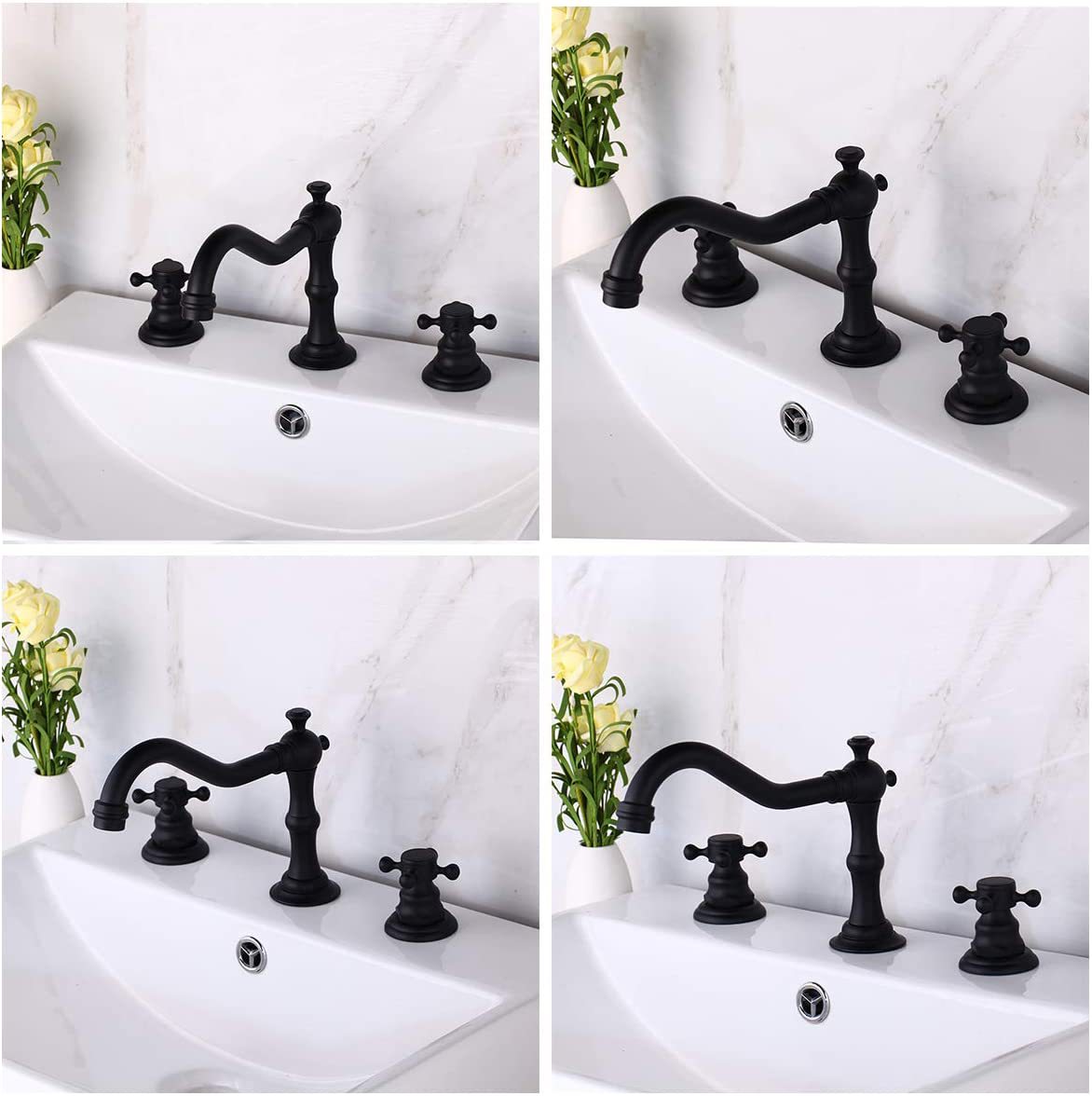 Copper antique bathroom sink bathtub three-piece set, faucet, plum blossom handwheel, three-hole washbasin, ceramic basin, black faucet undefined