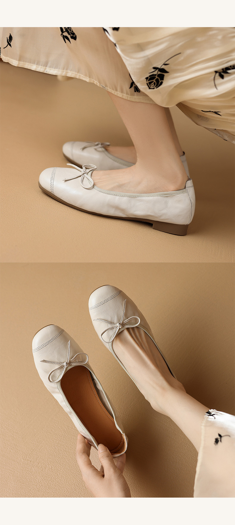 Giày ballet nữ mũi tròn đế bệt da cừu mềm nơ bướm — Màu nâu chi tiết 10