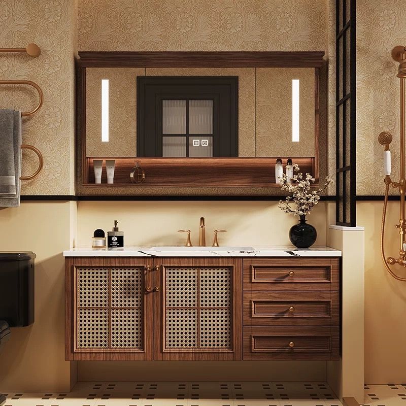 复古编藤陶瓷一体盆中古风浴室柜实木烤漆洗手台卫生间洗漱台组合