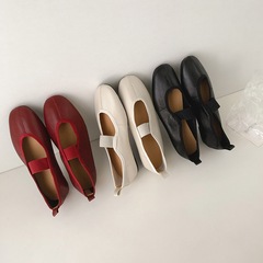 女性用シープスキンワンストラップメリージェーンシューズ、フラットヒールシューズ、春の新作、内外フルレザーラウンドトゥパンプス、婦人靴