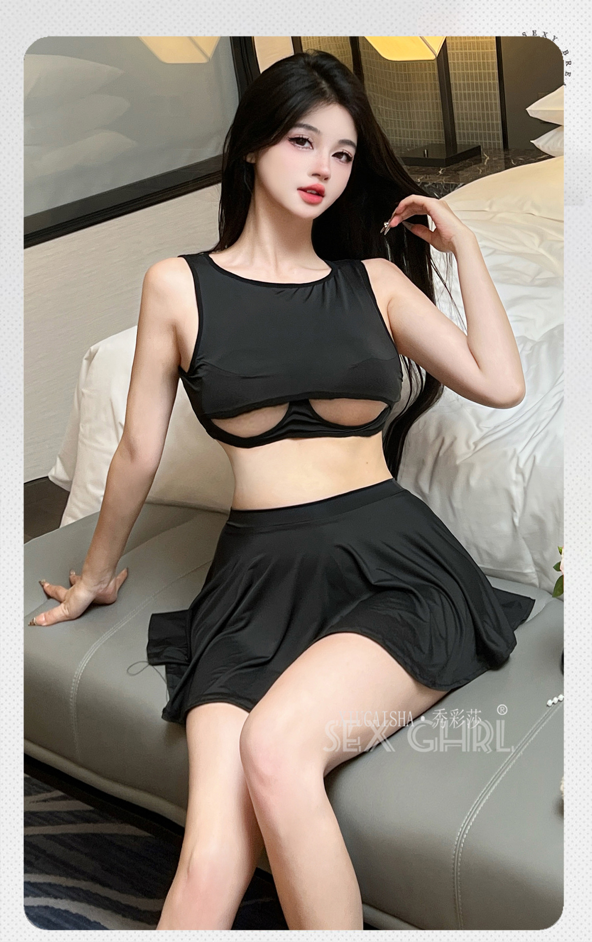 Seductive Uniform Lingerie Set with Waist-Revealing Skirt and Hollow-Out Design — detail image 8