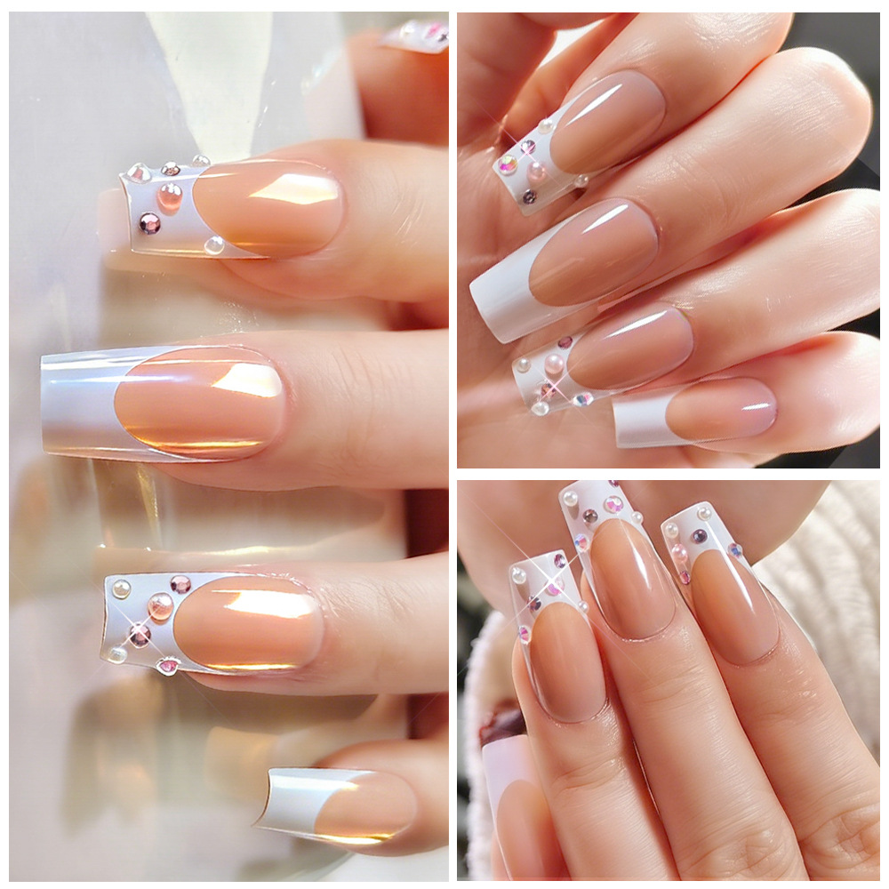 New Foreign Trade Style White French-Style Pure Desire Nail Art for Girls, Detachable with Sparkling Rhinestones, Wearable Fake Nails