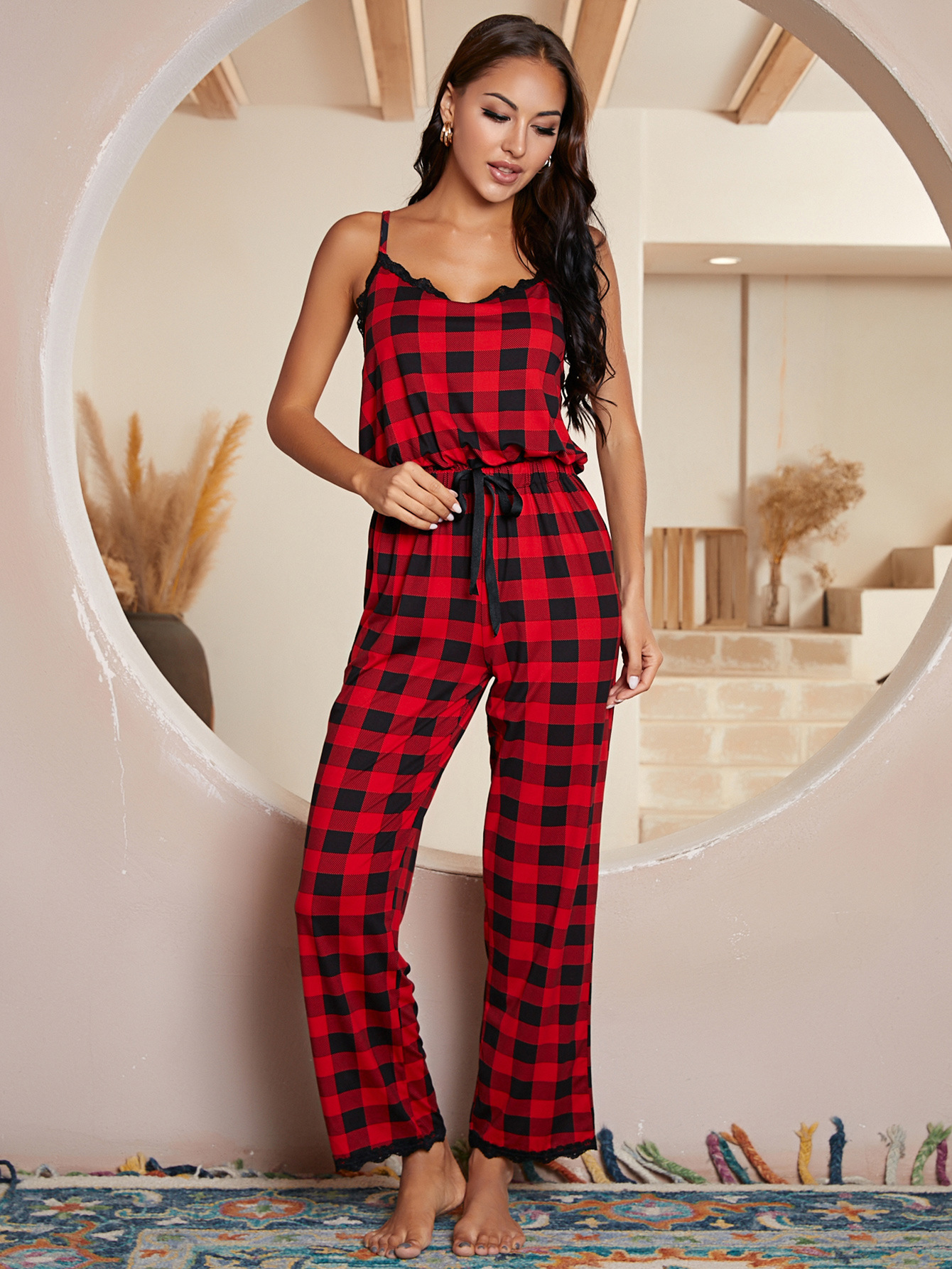 sling low-cut backless slim plaid lace one-piece Pajamas Loungewear-Can be worn outside NSWFC130741