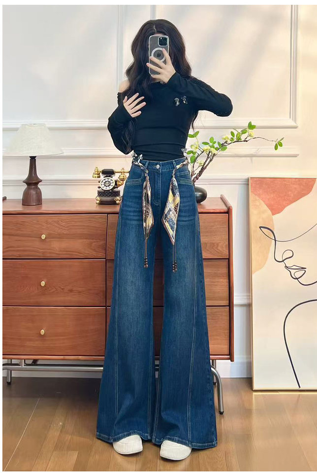 Quần jean nữ ống loe cạp cao co giãn, denim lót lông cừu mùa đông — Màu xanh vàng đen kéo dài, Quần xanh đen vàng, Retro màu xanh chín điểm, Vàng đen xanh chín điểm chi tiết 15